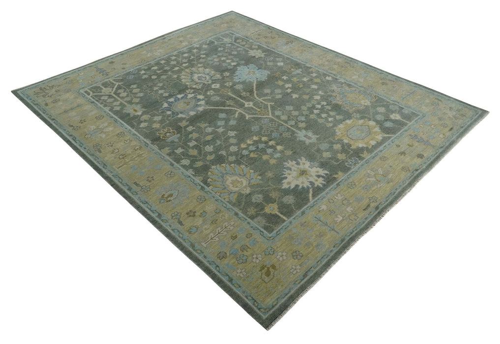 Antique Moss Charcoal Hand Knotted Olive and Beige Traditional Floral Vintage Wool Rug