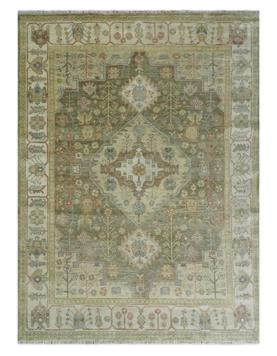 Antique Style Green, Ivory and Beige Hand knotted Heriz Serapi Multi Size wool Area Rug