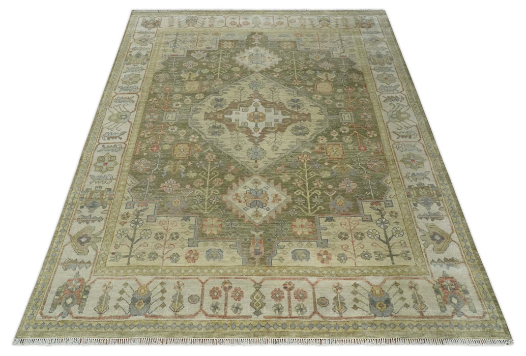 Antique Style Green, Ivory and Beige Hand knotted Heriz Serapi Multi Size wool Area Rug