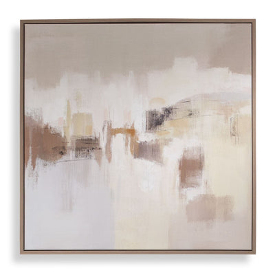 Daybreak Framed Canvas - vertical strokes of beige and brown with light oak gallery frame