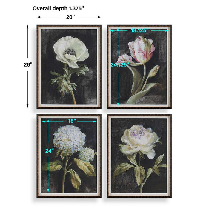 Florals on Black Framed Prints, S/4