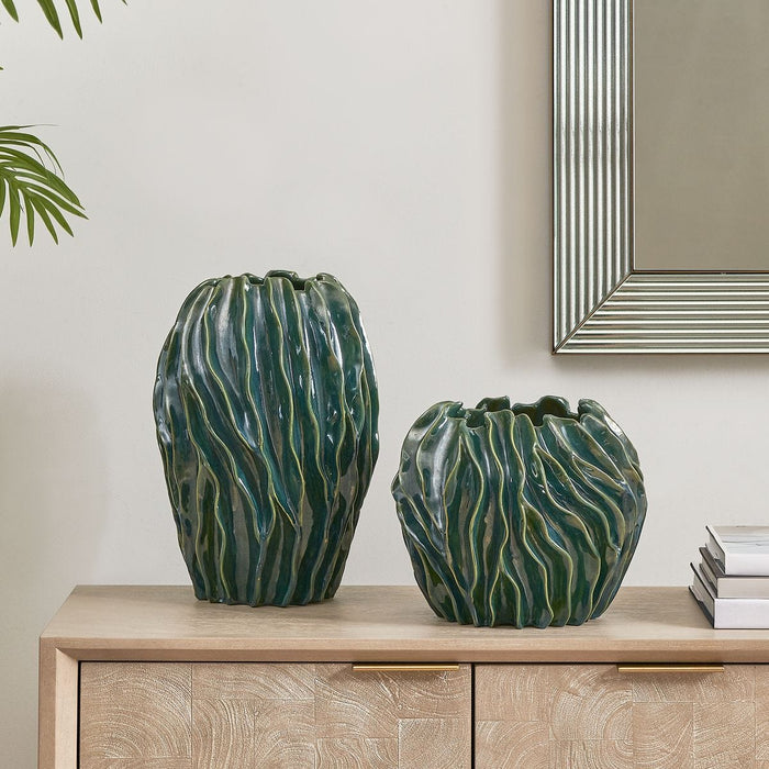 Veridian Ridge Indoor-Outdoor Vases, S/2 - ceramic vases with green and blue glaze
