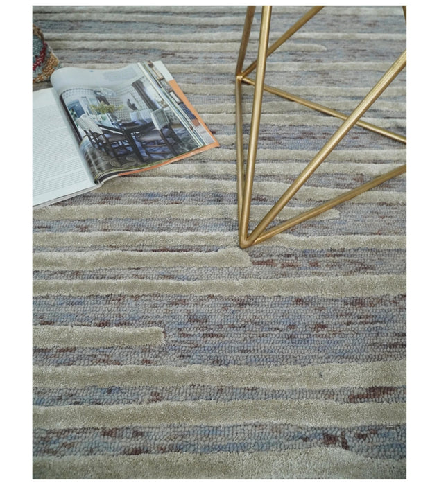 Beige and Blue Handmade 8x10 Wool and Silk Area Rug