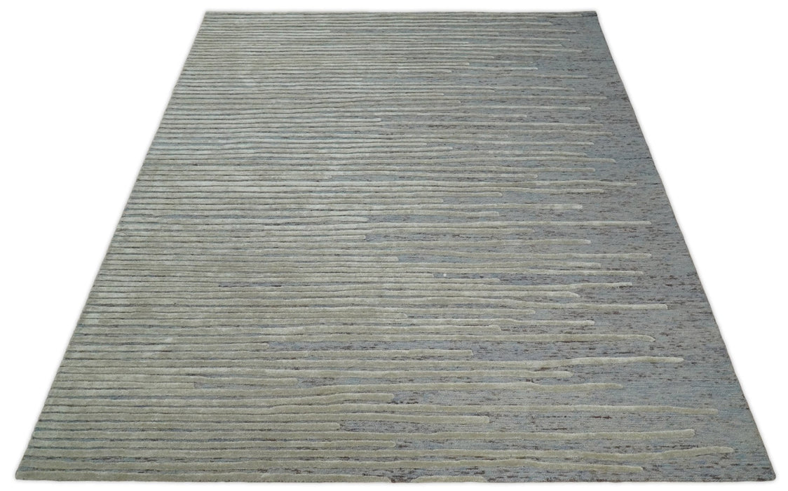 Beige and Blue Handmade 8x10 Wool and Silk Area Rug