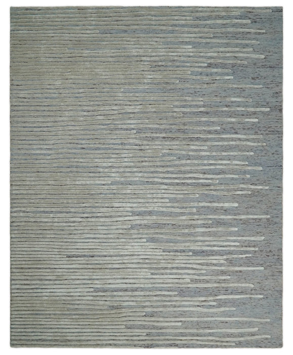 Beige and Blue Handmade 8x10 Wool and Silk Area Rug