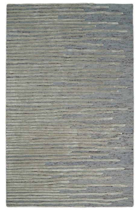 Beige and Blue Handmade 8x10 Wool and Silk Area Rug