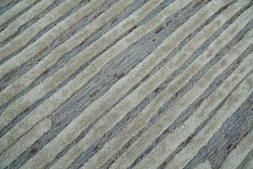 Beige and Blue Handmade 8x10 Wool and Silk Area Rug