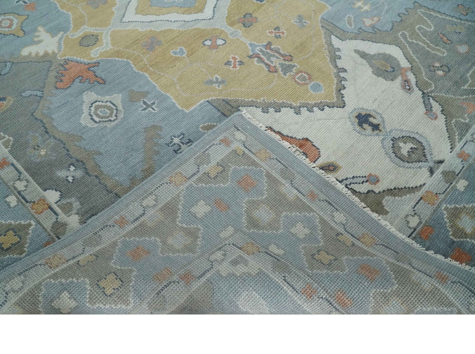 Beige, Blue and Ivory Hand Knotted Traditional Wool Area Rug