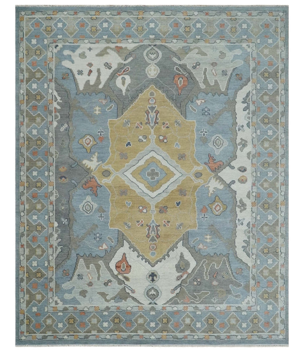 Beige, Blue and Ivory Hand Knotted Traditional Wool Area Rug