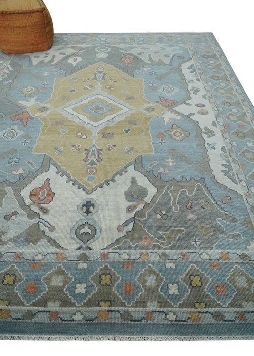 Beige, Blue and Ivory Hand Knotted Traditional Wool Area Rug