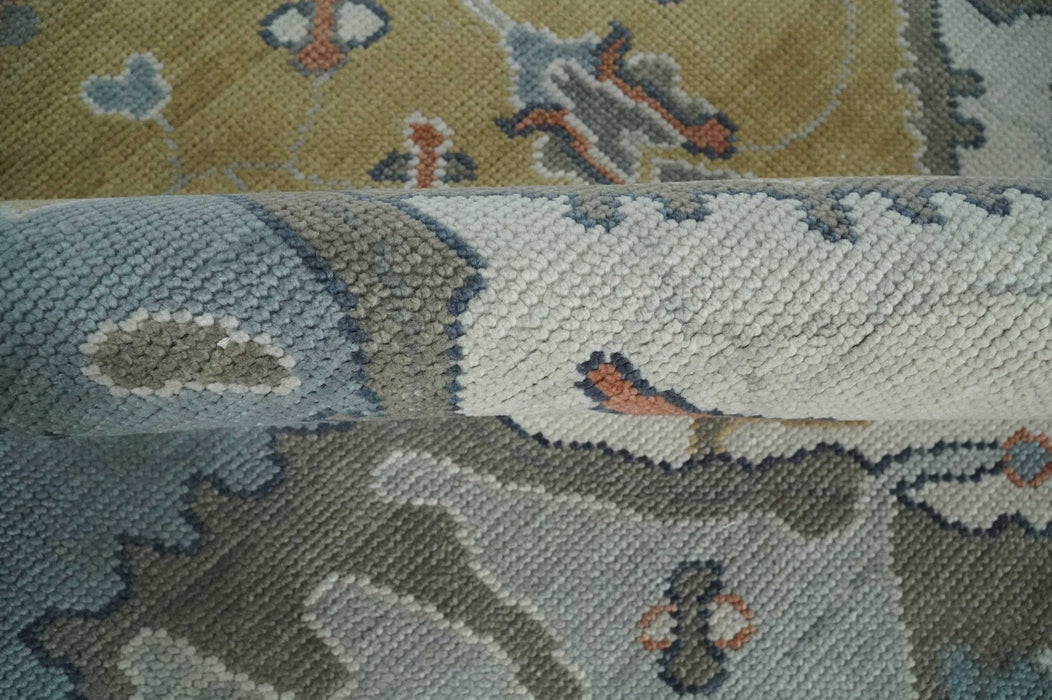 Beige, Blue and Ivory Hand Knotted Traditional Wool Area Rug