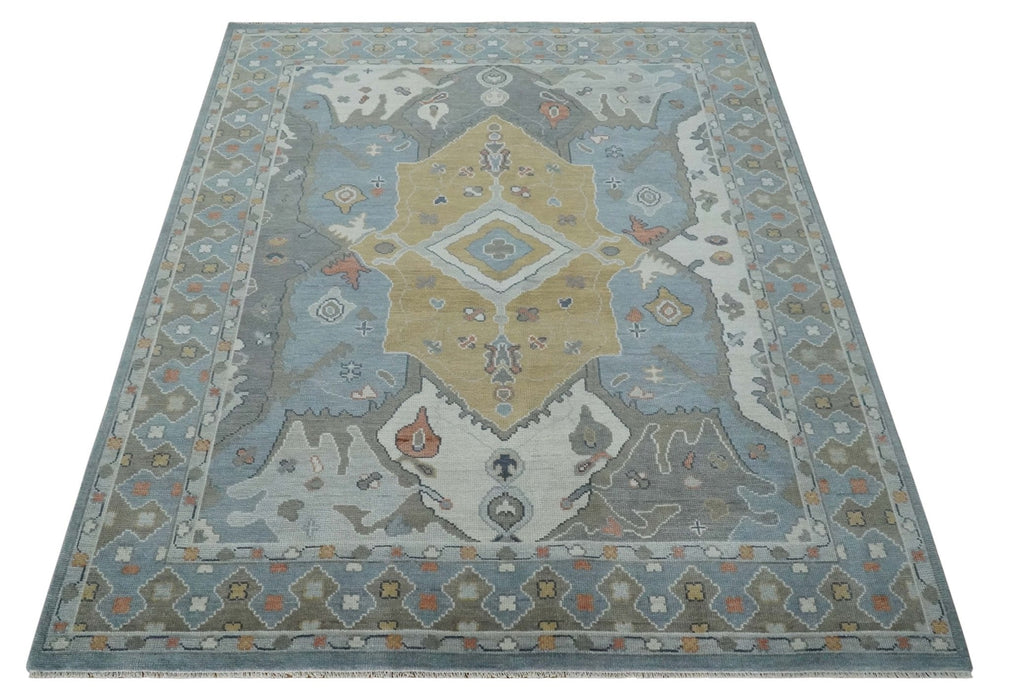 Beige, Blue and Ivory Hand Knotted Traditional Wool Area Rug