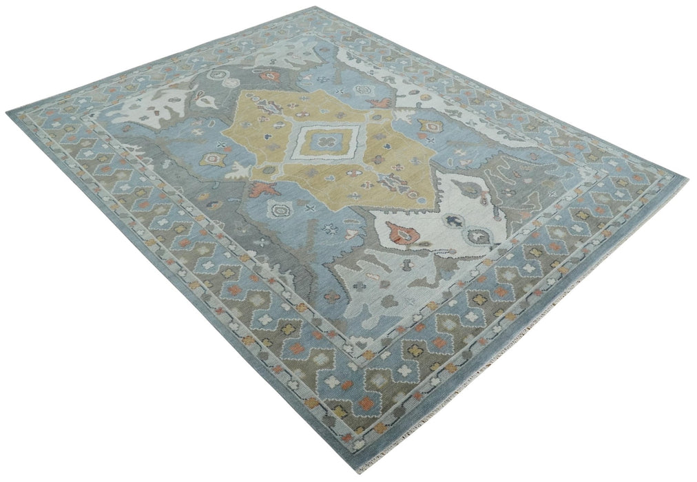 Beige, Blue and Ivory Hand Knotted Traditional Wool Area Rug