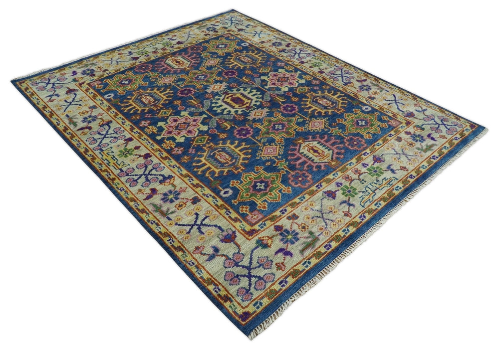 Blue and Beige Traditional Turkish Design Wool Hand Knotted Multi Sizes Area Rug