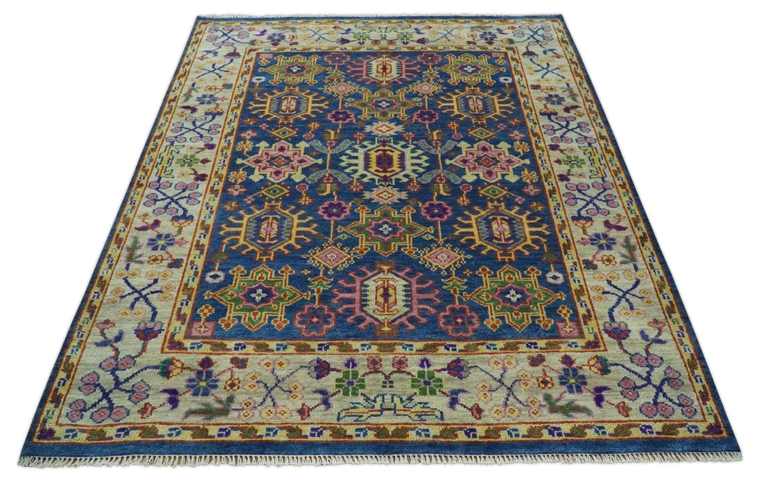 Blue and Beige Traditional Turkish Design Wool Hand Knotted Multi Sizes Area Rug