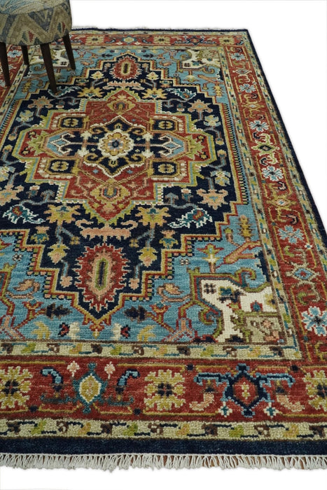 Blue and Rust Hand Knotted 8x10, 9x12, 10x14 and 12x15 Wool Antique Area Rug