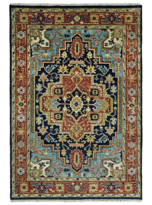 Blue and Rust Hand Knotted 8x10, 9x12, 10x14 and 12x15 Wool Antique Area Rug