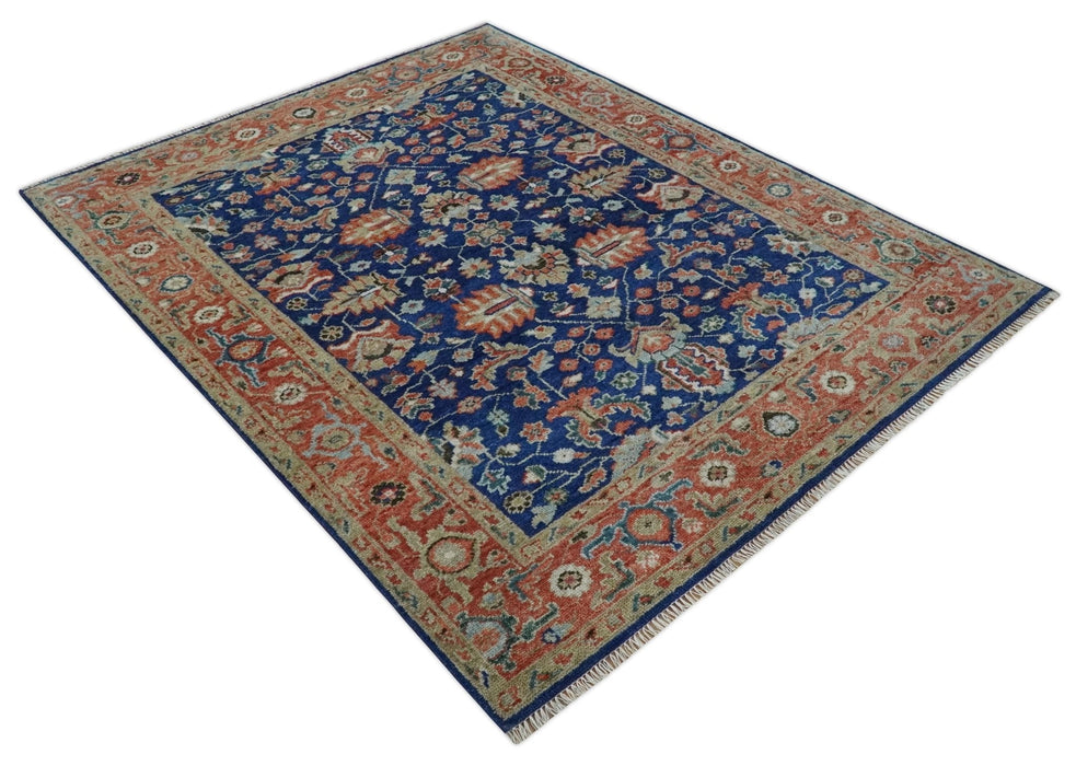 Blue and Rust Turkish Design Traditional Serapi 8X10 Hand Knotted Wool Area Rug