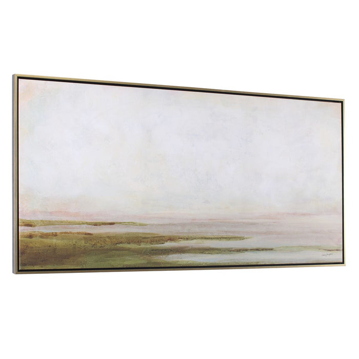 Hazy Lake Framed Canvas - atmospheric landscape with creamy whites and grays in gold gallery frame