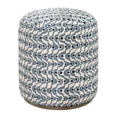 Cas Ottoman, Blue - plush fabric with steel blue swirls on natural ceruse wood base