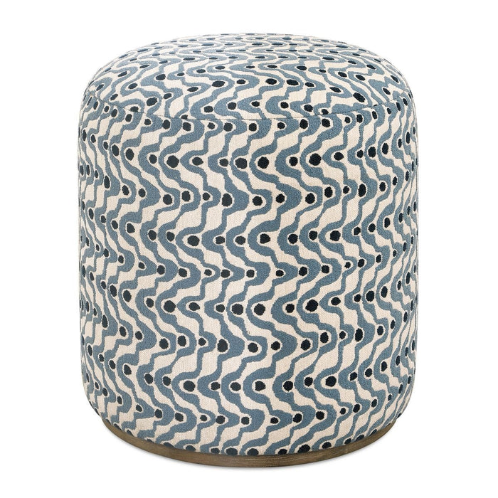 Cas Ottoman, Blue - plush fabric with steel blue swirls on natural ceruse wood base