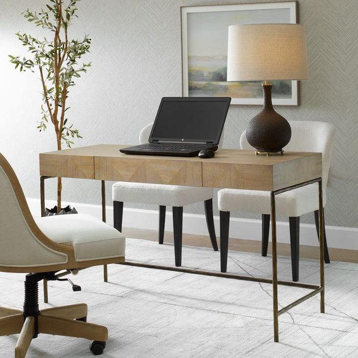 Aristotle Desk - primavera wood with antique gold iron base