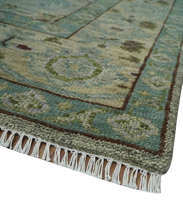 Custom Made Antique Style Green and Silver Hand knotted Traditional Oriental Oushak wool Area Rug