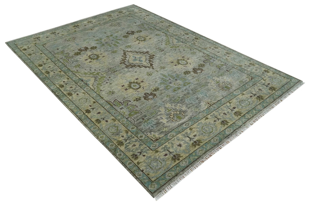 Custom Made Antique Style Green and Silver Hand knotted Traditional Oriental Oushak wool Area Rug