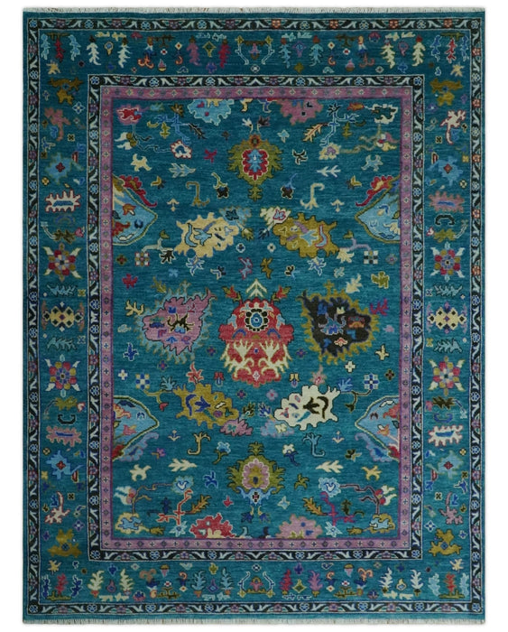 Custom Made Antique Style Hand Knotted Teal and Purple Traditional Oushak Multi Size Wool Rug