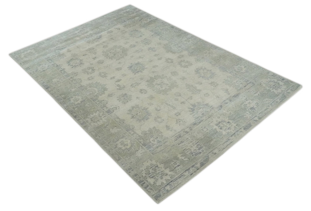 Custom Made Beige and Light Green Hand knotted Traditional Oushak Multi Size wool Area Rug