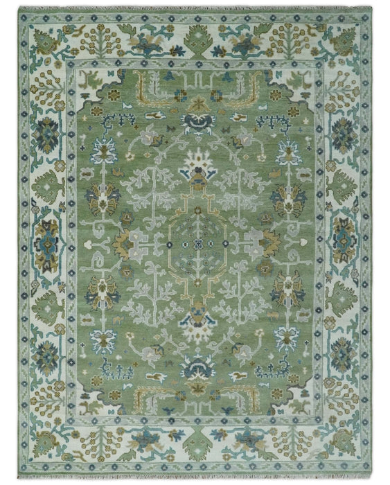 Custom Made Green, Ivory and Silver Traditional Turkish Hand Knotted Wool Rug