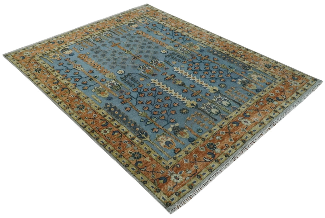 Custom Made Hand Knotted Blue and Rust Tree Design Low pile Wool Area Rug