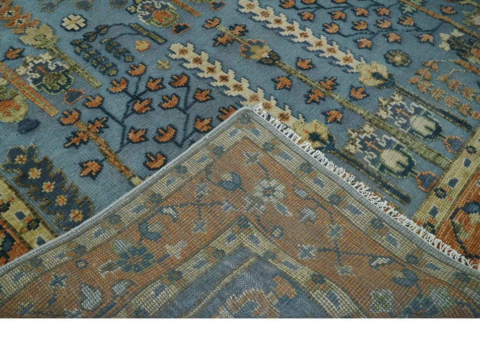 Custom Made Hand Knotted Blue and Rust Tree Design Low pile Wool Area Rug