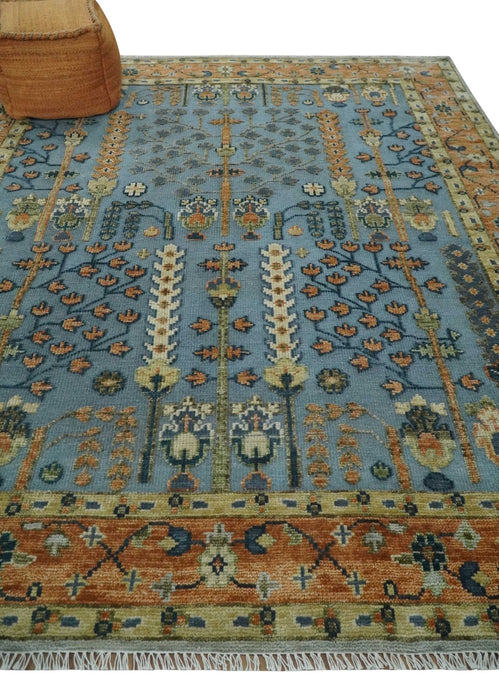 Custom Made Hand Knotted Blue and Rust Tree Design Low pile Wool Area Rug