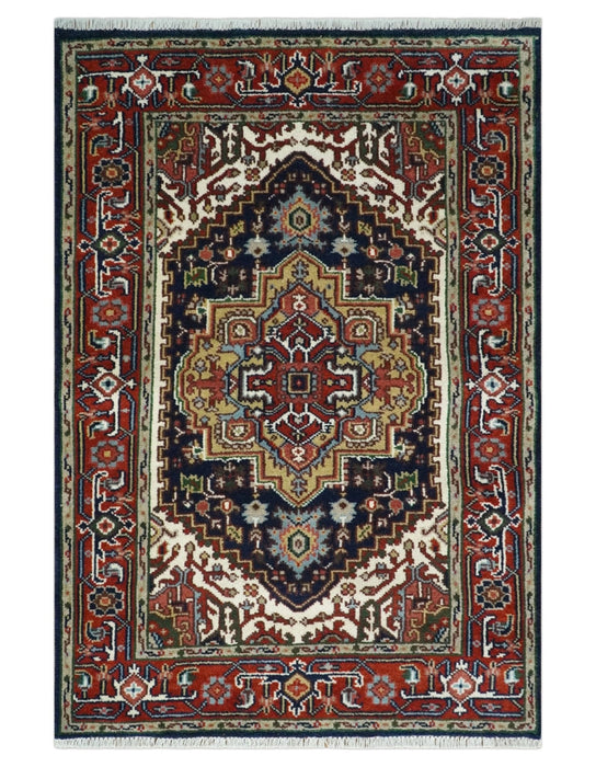 Custom Made Hand Knotted Multi Size Large Olive, Blue, Ivory and Rust Traditional Wool Rug