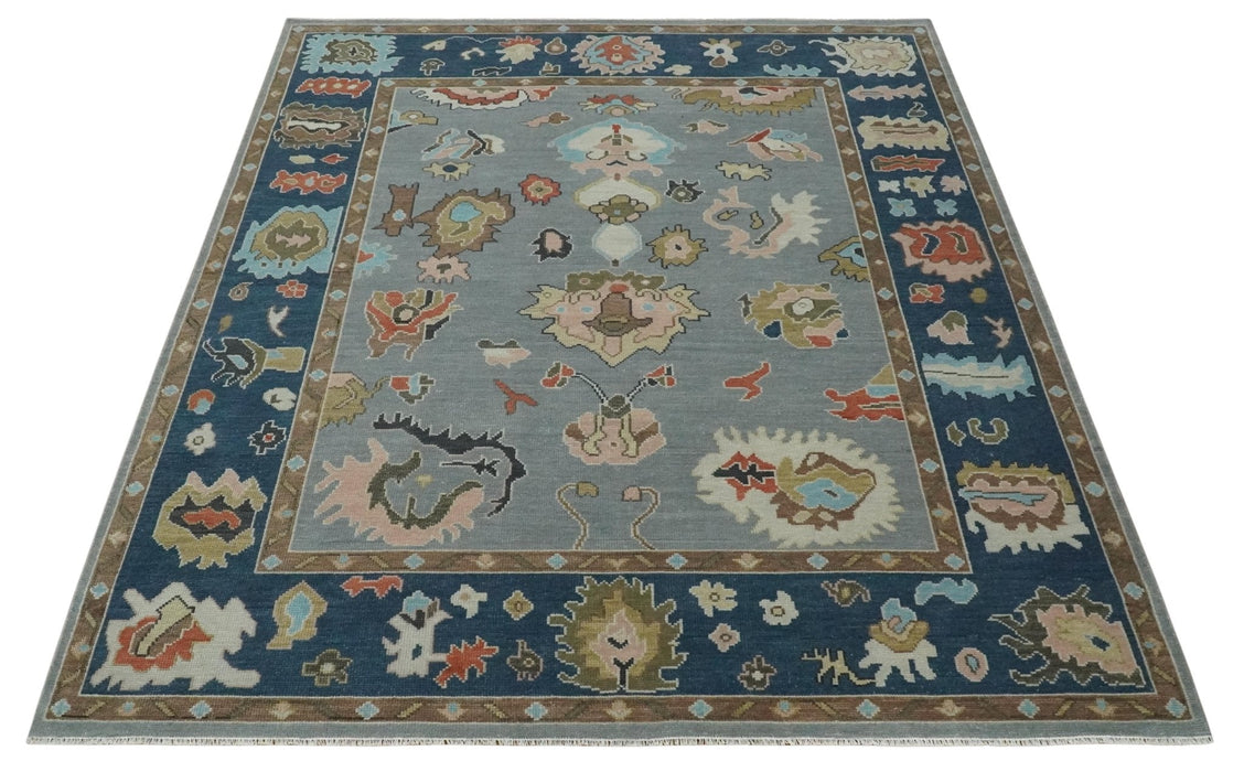 Custom Made Hand Knotted Silver and Blue Colorful Traditional Oushak Wool Area Rug