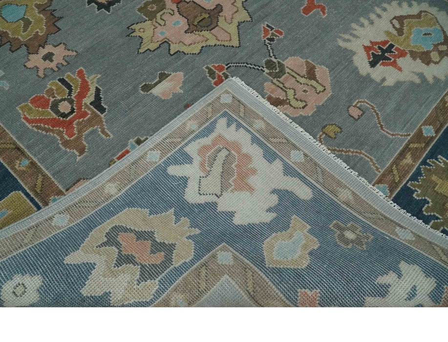 Custom Made Hand Knotted Silver and Blue Colorful Traditional Oushak Wool Area Rug