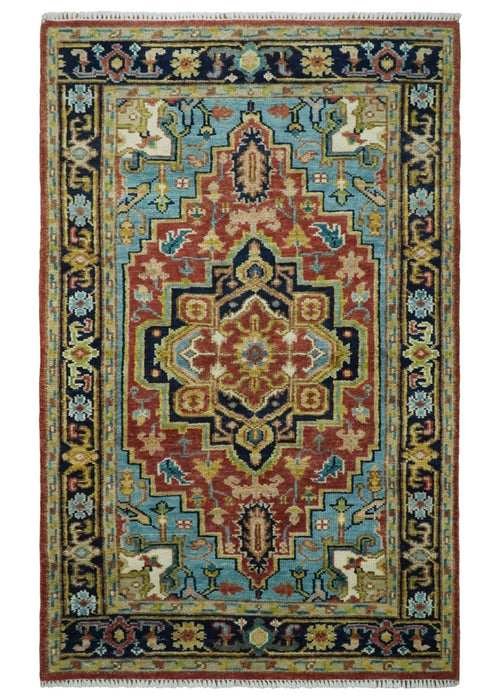 Custom Made Rust and Blue Traditional Medallion Hand Knotted Wool Area Rug