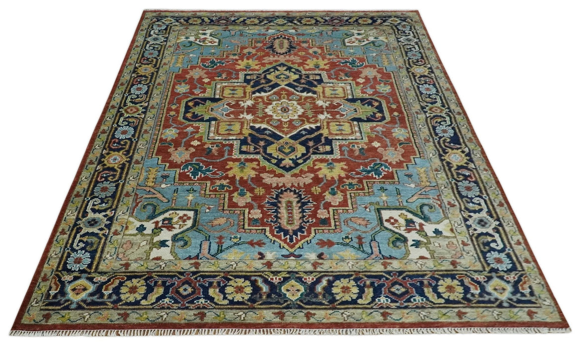 Custom Made Rust and Blue Traditional Medallion Hand Knotted Wool Area Rug