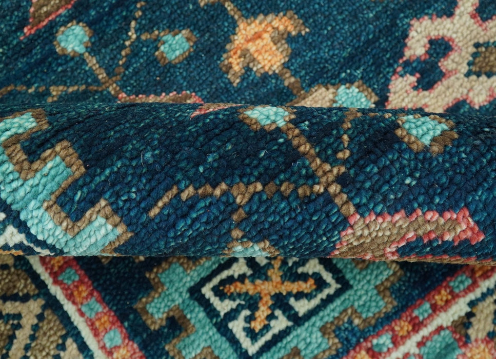 Custom Made Teal And Brown Traditional Tribal Design Hand Knotted Wool Rug