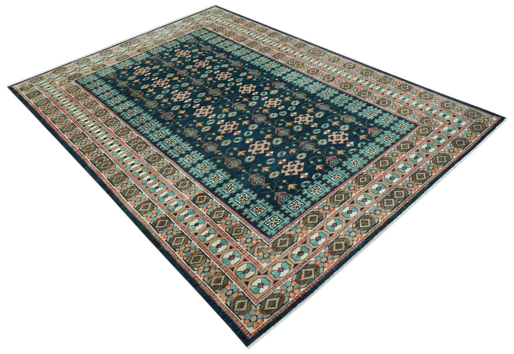Custom Made Teal And Brown Traditional Tribal Design Hand Knotted Wool Rug