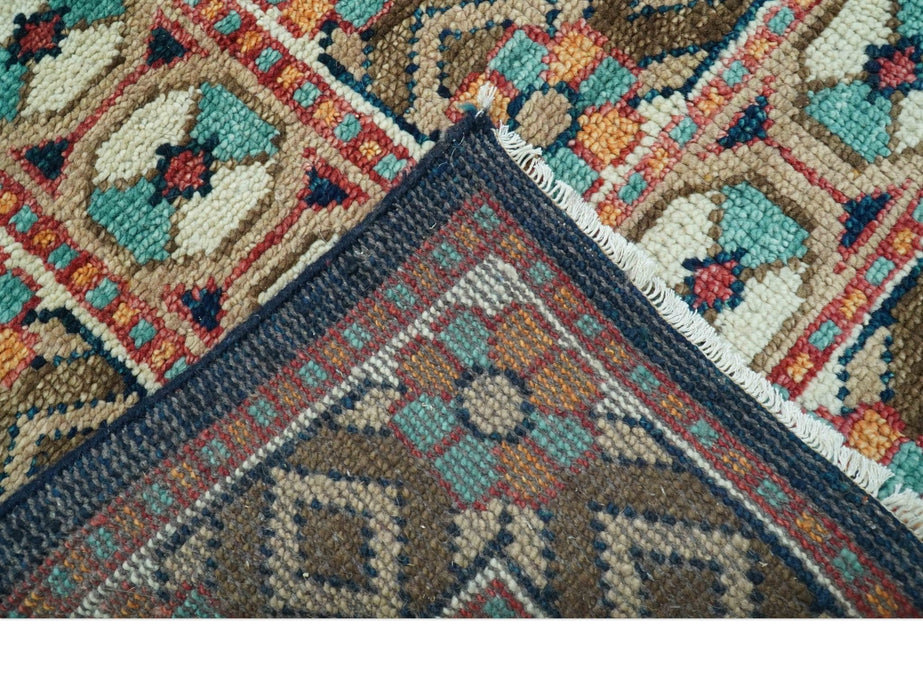 Custom Made Teal And Brown Traditional Tribal Design Hand Knotted Wool Rug