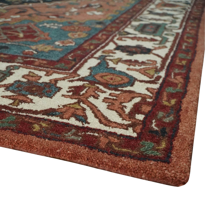 Custom Made Vintage Style Black, Rust, Teal and Ivory Hand Tufted Traditional wool Area Rug