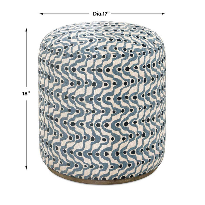 Cas Ottoman, Blue - plush fabric with steel blue swirls on natural ceruse wood base