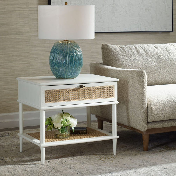Coast Side Table, White - white Mindi wood with rattan