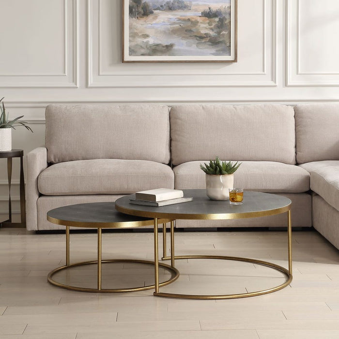 Aragon Nesting Coffee Tables, Gray - brass base with shagreen tops
