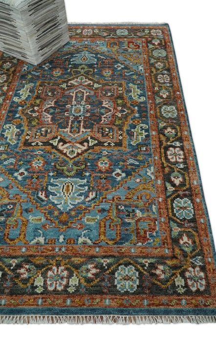 Eclectic 5x8 Wool Traditional Persian Blue and Brown Vibrant Colorful Hand knotted SerapiArea Rug | TRDCP19158