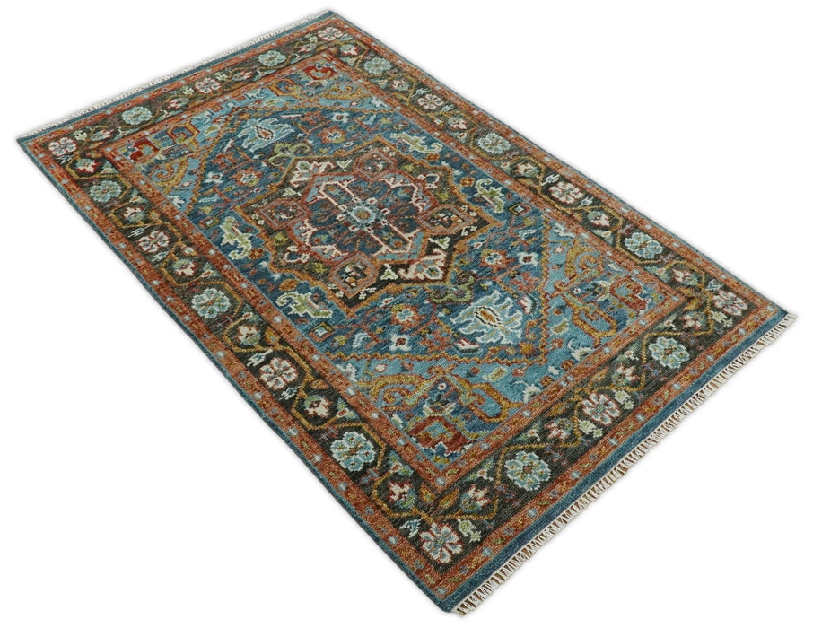 Eclectic 5x8 Wool Traditional Persian Blue and Brown Vibrant Colorful Hand knotted SerapiArea Rug | TRDCP19158