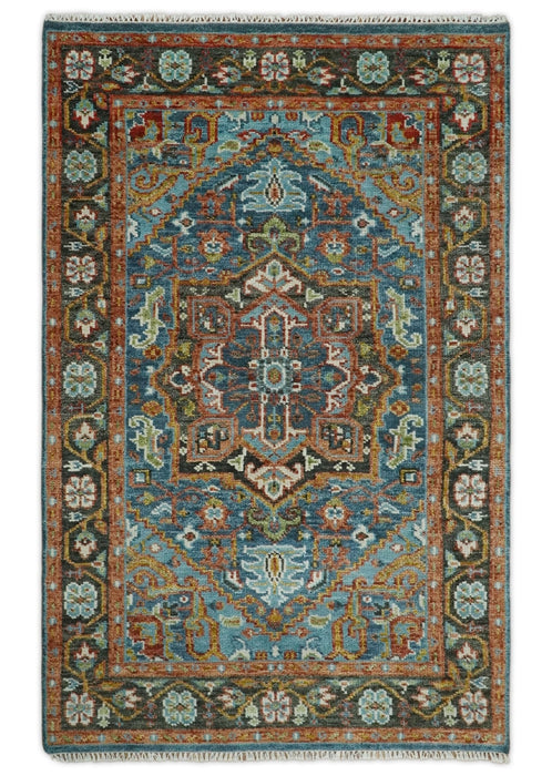 Eclectic 5x8 Wool Traditional Persian Blue and Brown Vibrant Colorful Hand knotted SerapiArea Rug | TRDCP19158