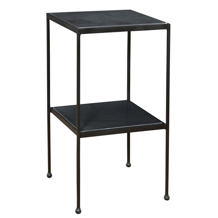 Sherwood Accent Table - matte black iron with marble shelves